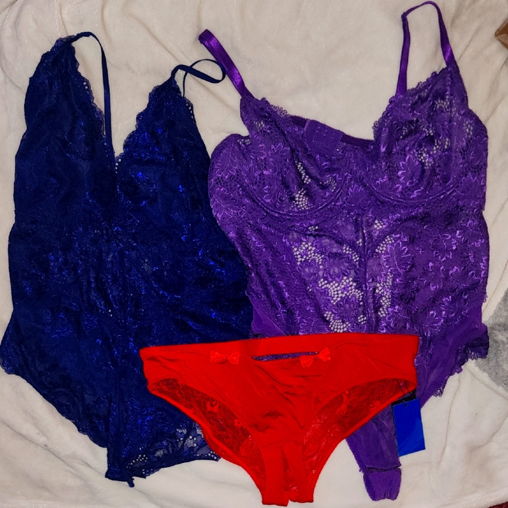 Purple and Blue Lace Bodysuit Sets with Red Panties (panties nwt)